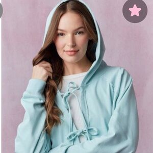 Peach love Lace Front Tie Terry Hoodie in Mint Blue
